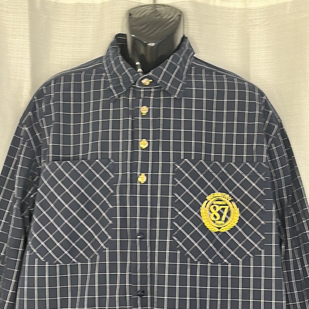 Eight 732 Checkered men’s button down Shirt navy blue with Gold Details - Picture 2 of 14
